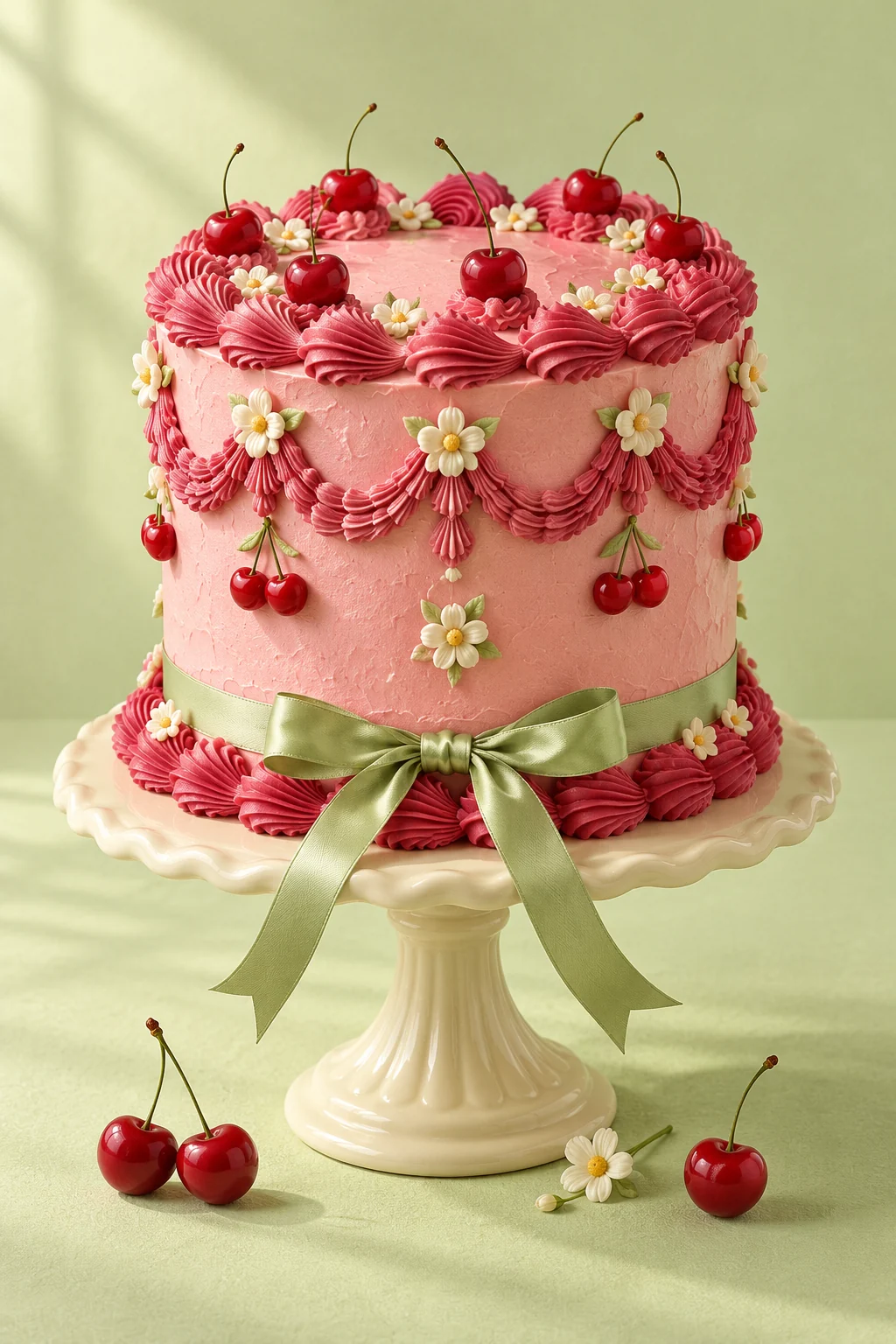 Illustrated pink celebration cake with cherry decorations, buttercream daisies, and a pistachio ribbon