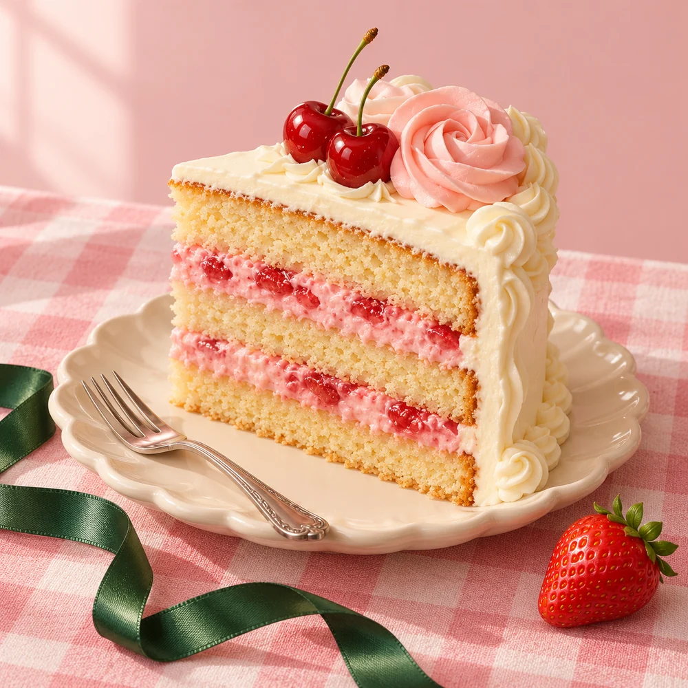 Illustrated vanilla cake slice with strawberry filling, buttercream, and cherries on a scalloped plate